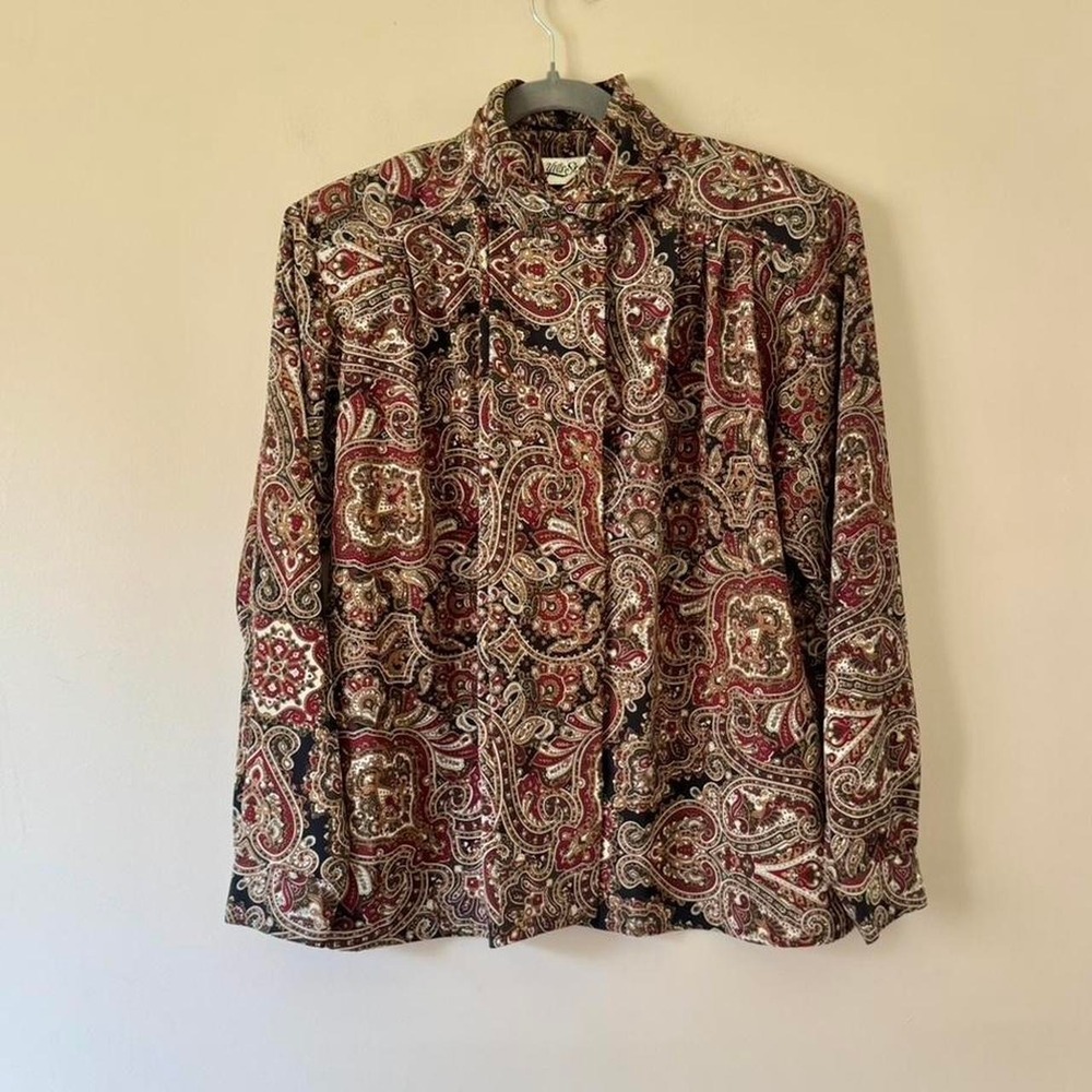 Vintage 90s red white black paisley turtleneck blouse XL 70s psychedelic boho